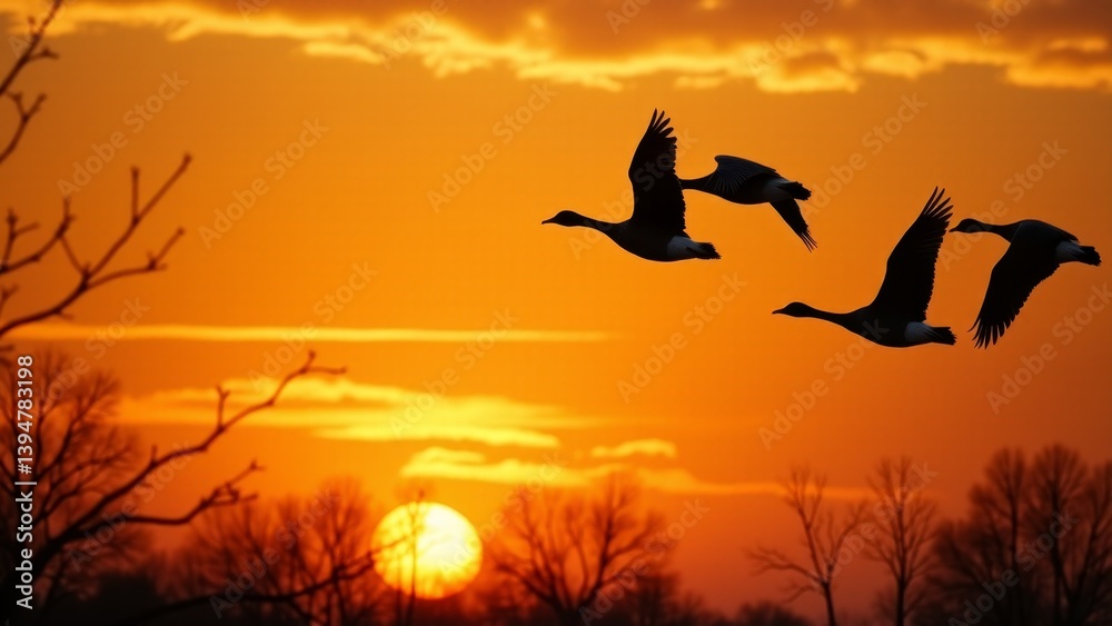Fototapeta premium Silhouetted Geese Flying At Orange Sunset