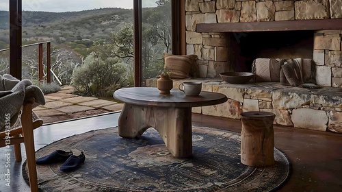 A rustic, natural-toned living room with a view. photo