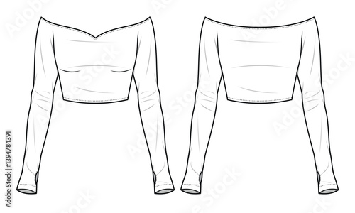 Long sleeve thumbhole off shoulder tops mockup template vector design technical illustration.