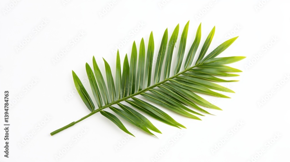Fototapeta premium Single green palm frond with yellow speckles on a white background. Clean, simple, and minimalist.