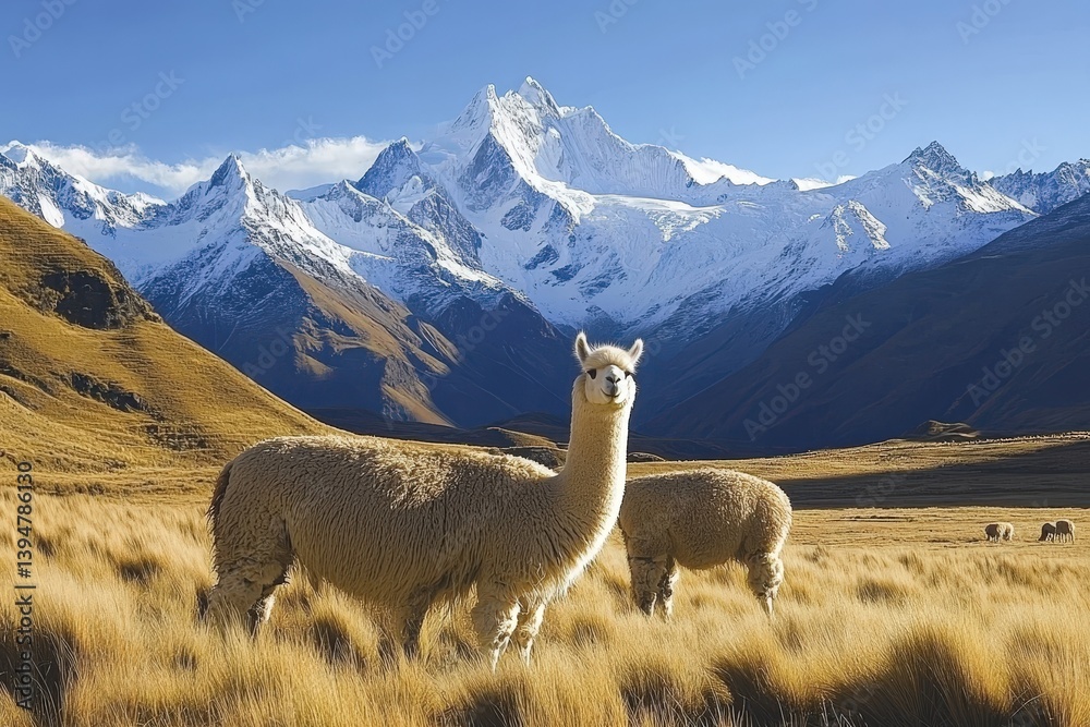 Fototapeta premium Peaceful Scene of Llamas and Alpacas in the Andes with Mountain Backdrop