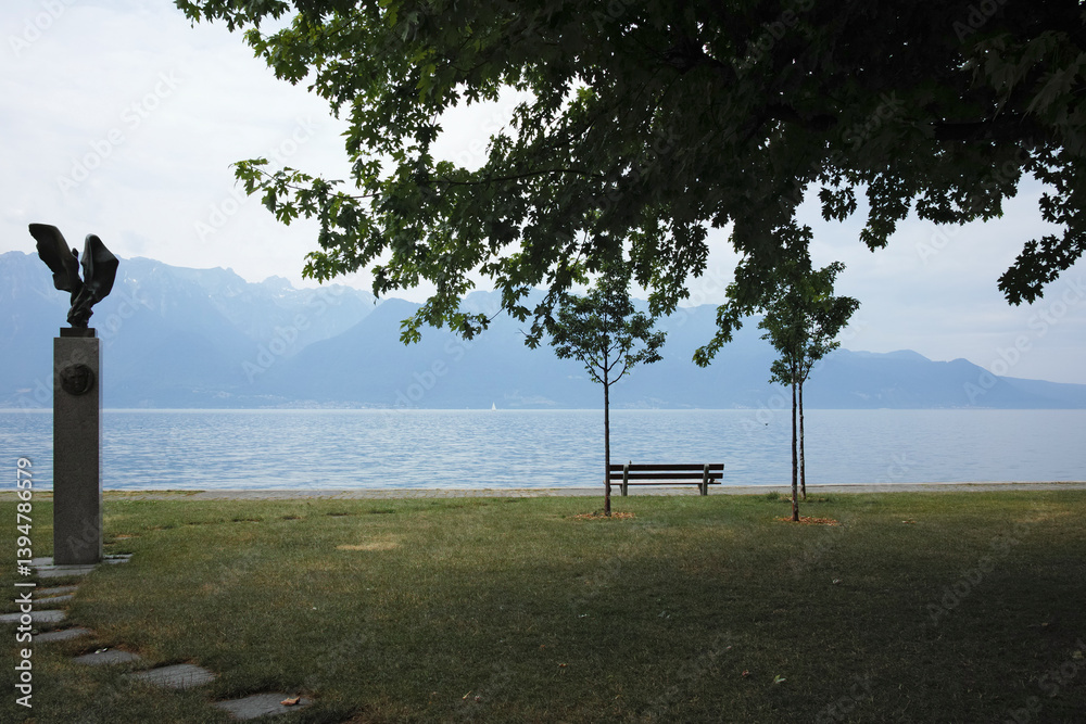 Landscape from town of Vevey to Lake Geneva, Switzerland
