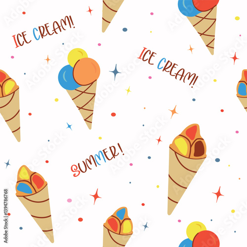Seamless pattern with ice cream, star. flat children's background with dessert, food. graphics for print, holiday, wallpaper, banner, surface textures, fabric. vector art illustration