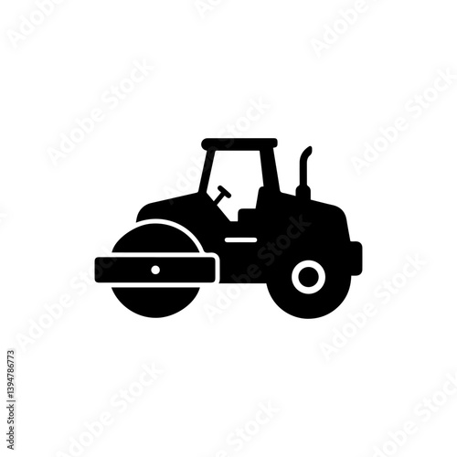Black Icon of Road Roller Machine in Flat Silhouette Design