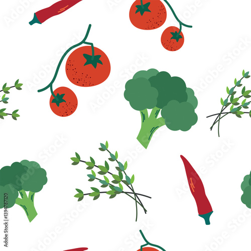 Vegetables elements seamless pattern background for packaging and decoration with thyme, tomato, chilli, broccoli. Eco healthy food vegan concept.