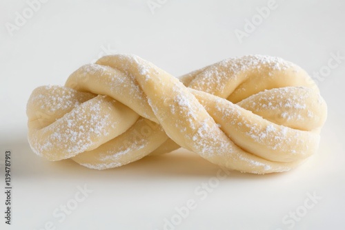 A twisted, doughy pastry, dusted with powdered sugar, ready to be baked.