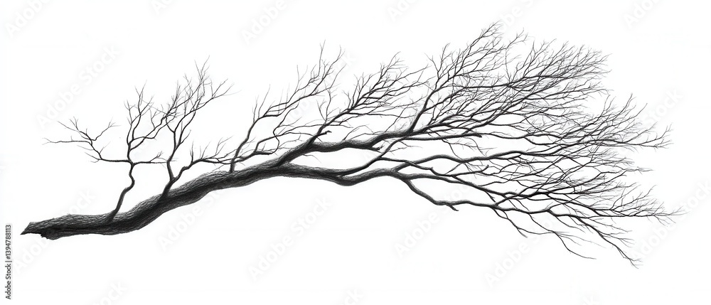 Fototapeta premium Dramatic monochrome drawing of a bare tree branch with intricate detail against a stark white background artistic rendering nature concept