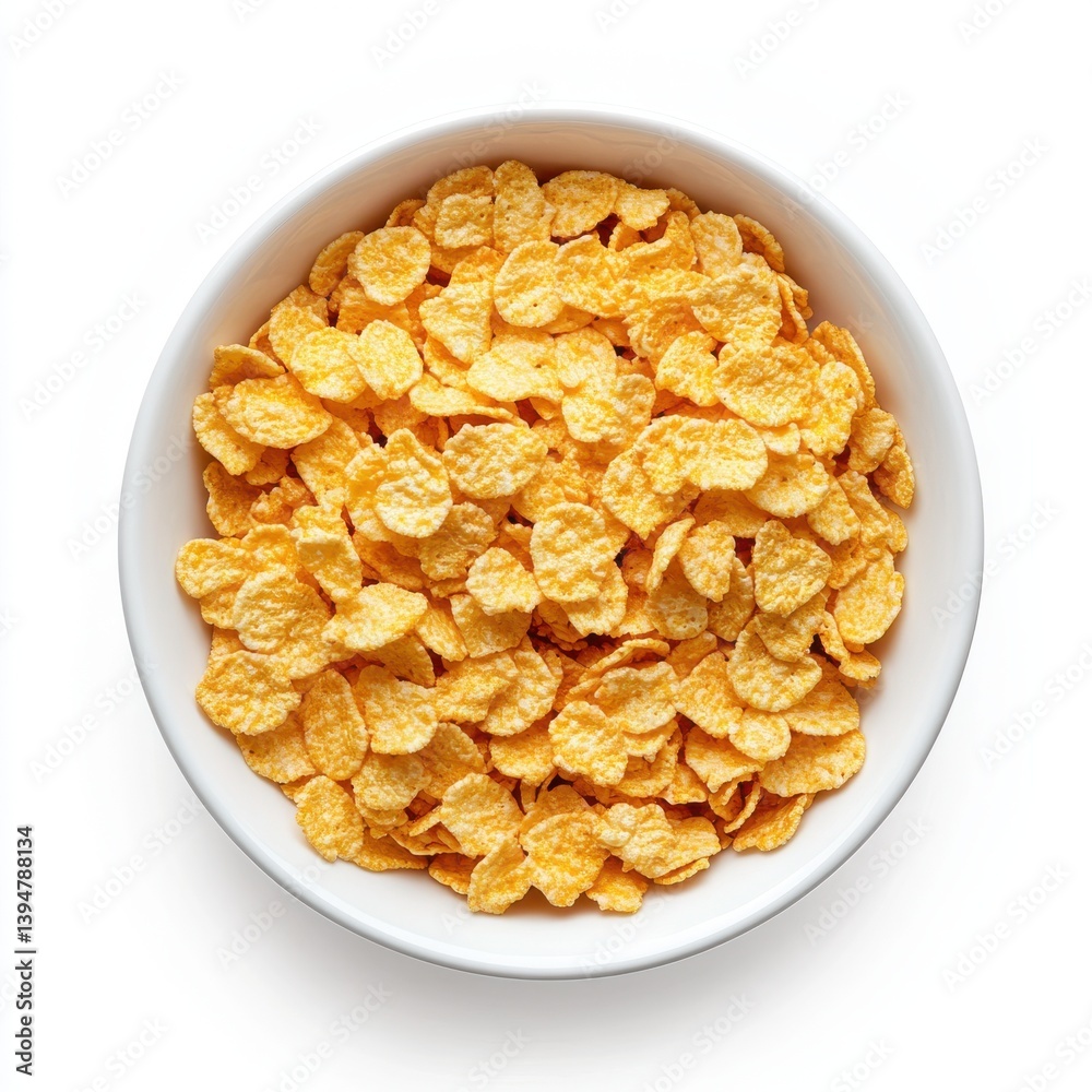 Close up shot of cornflakes cereal inside a white bowl isolated on white background Close up shot of cornflakes cereal inside a white bowl isolated on white background