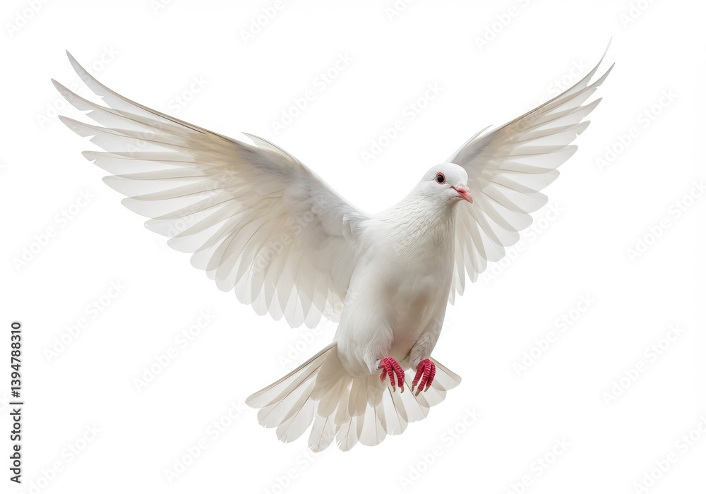 Obraz premium A white dove with wings spread wide against a plain white background in a studio shot image style isolated on white background