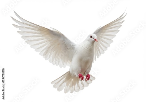 A white dove with wings spread wide against a plain white background in a studio shot image style isolated on white background