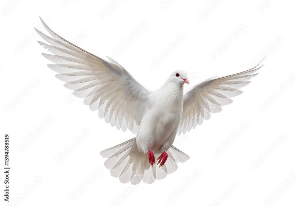 A white dove soars with outstretched wings against a stark white background in a studio setting isolated on white background A white dove soars with outstretched wings against a stark white background in a studio setting isolated on white background