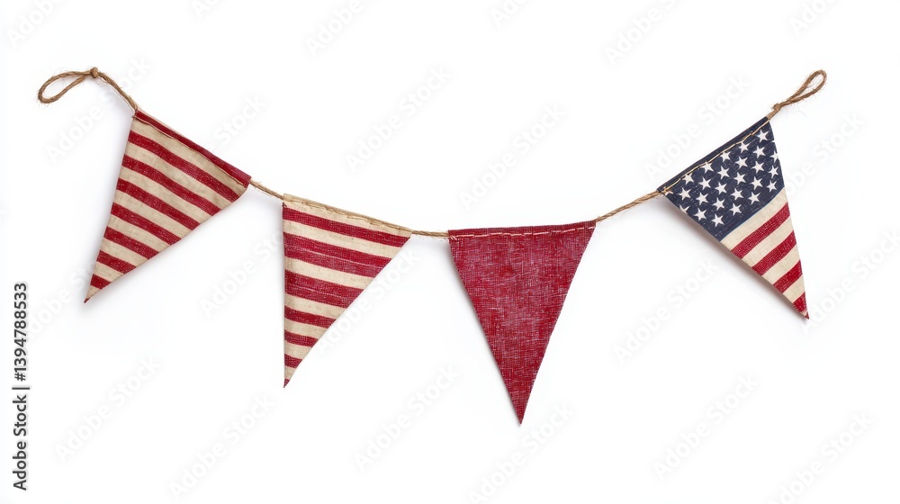 Obraz premium Patriotic bunting with red and white striped and blue star patterned triangle flags on twine against a white background.