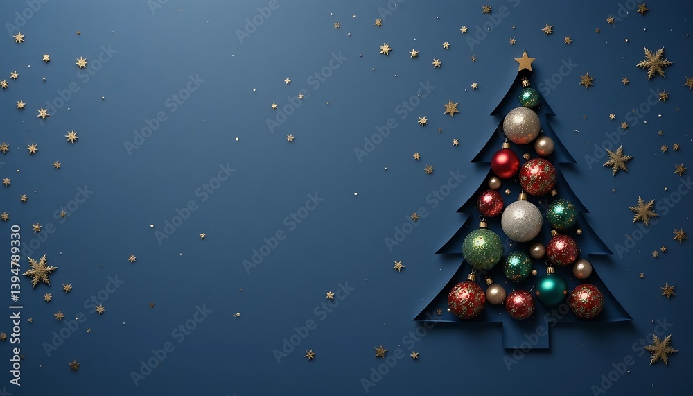 Fototapeta premium Elegant Christmas Tree Paper Cutout with Festive Decorations blue background, wishing Card or Wallpaper. Ai Generative