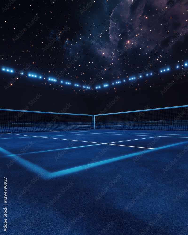 Obraz premium Mystical Tennis Court Under Starry Night Sky Capturing the Serene Ambiance of a Dreamlike Sporting Venue with Blue Color Palette and Arena Lights