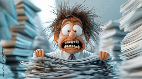 Overwhelmed office worker buried under paperwork