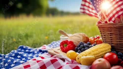 Patriotic picnic scene featuring fresh produce, bread, and American flags on a checkered blanket outdoors.