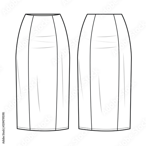 Pencil skirt front and back view vector template technical design by adobe illustrator.