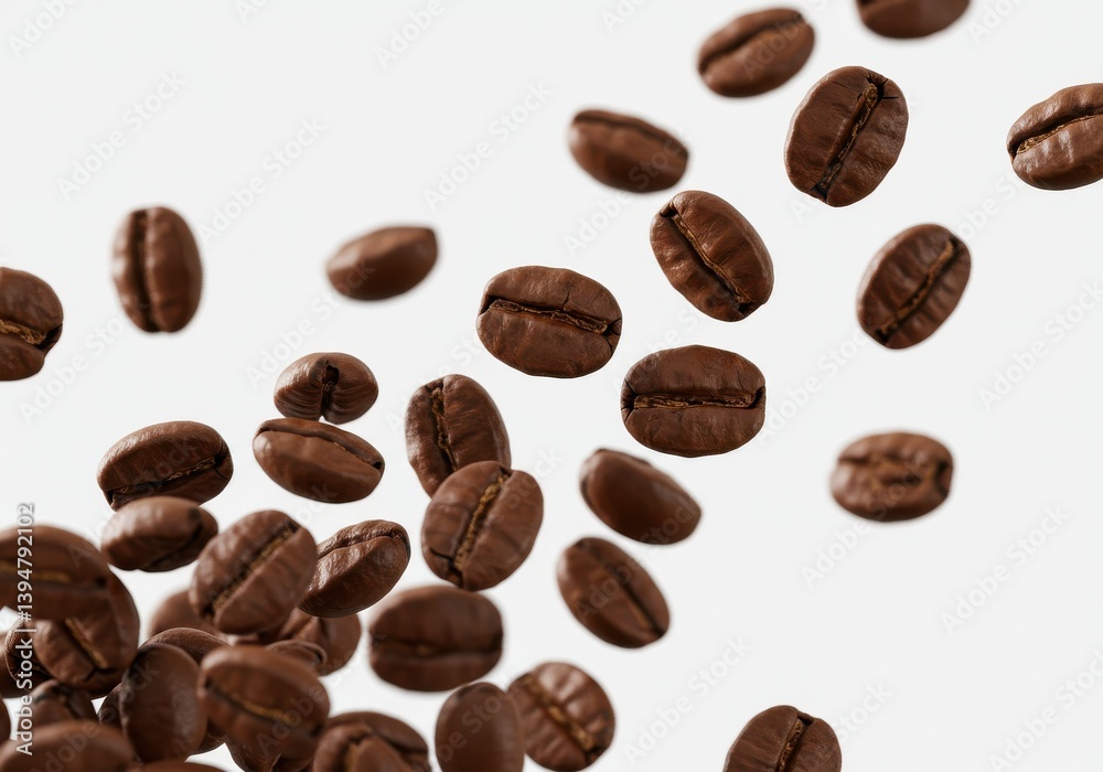 A close up shot of roasted coffee beans scattered on a plain white surface in a studio shot style isolated on white background A close up shot of roasted coffee beans scattered on a plain white surface in a studio shot style isolated on white background