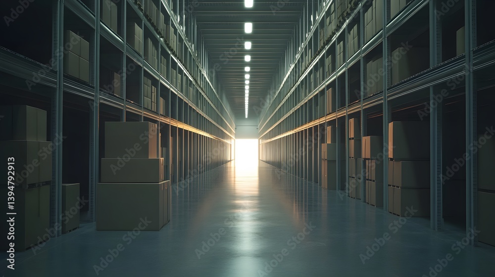 Obraz premium Aisle view in a distribution warehouse setting showcasing rows of shelves containing packed carton boxes, and a bright exit door at the end.