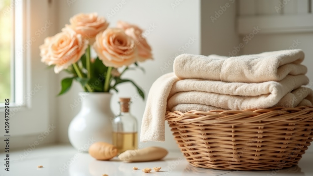 Clean Towels, Flowers, And Aromatherapy Still Life Clean Towels, Flowers, And Aromatherapy Still Life