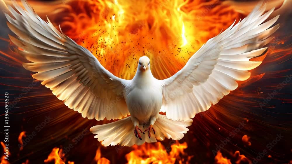 Holy Spirit dove gliding with wings spread in fire flames 4K