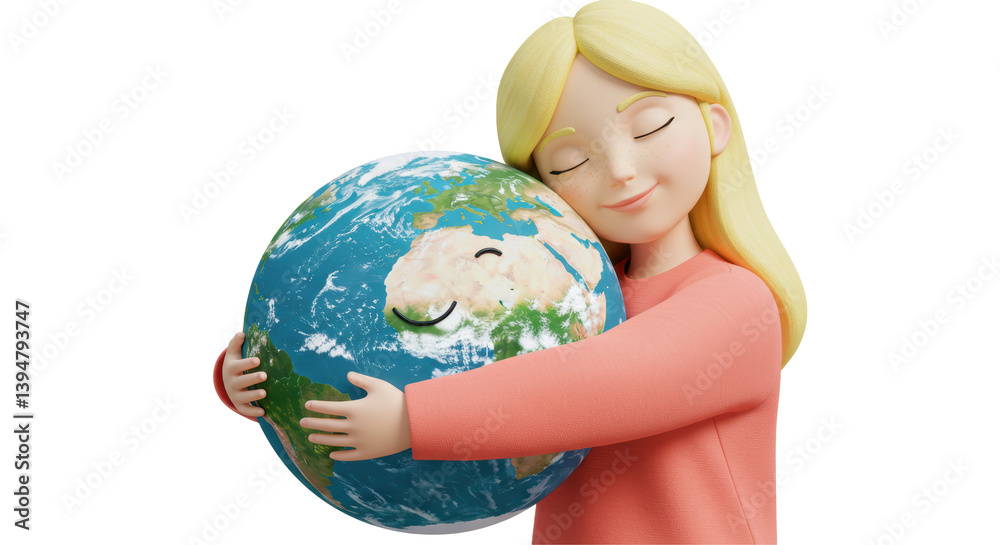 Isolated Girl Hugging Earth Globe Cartoon Isolated Girl Hugging Earth Globe Cartoon