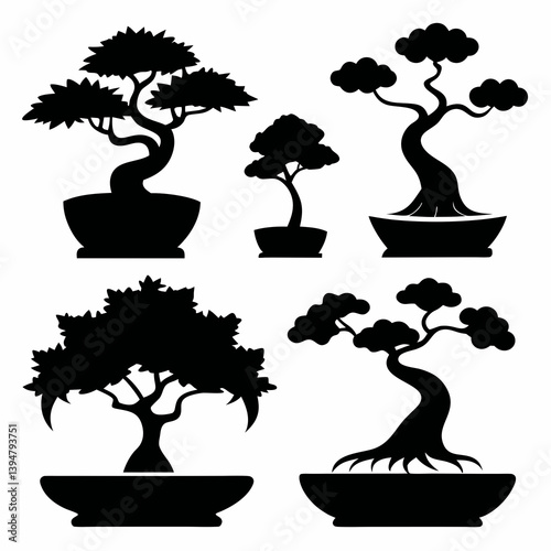 different Bonsai tree vector silhouette