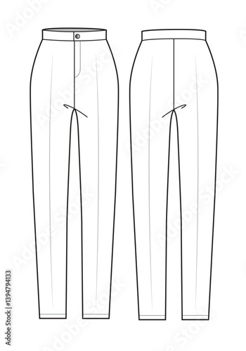 Female chinos pants front and back view vector design technical flat drawing by adobe illustrator.