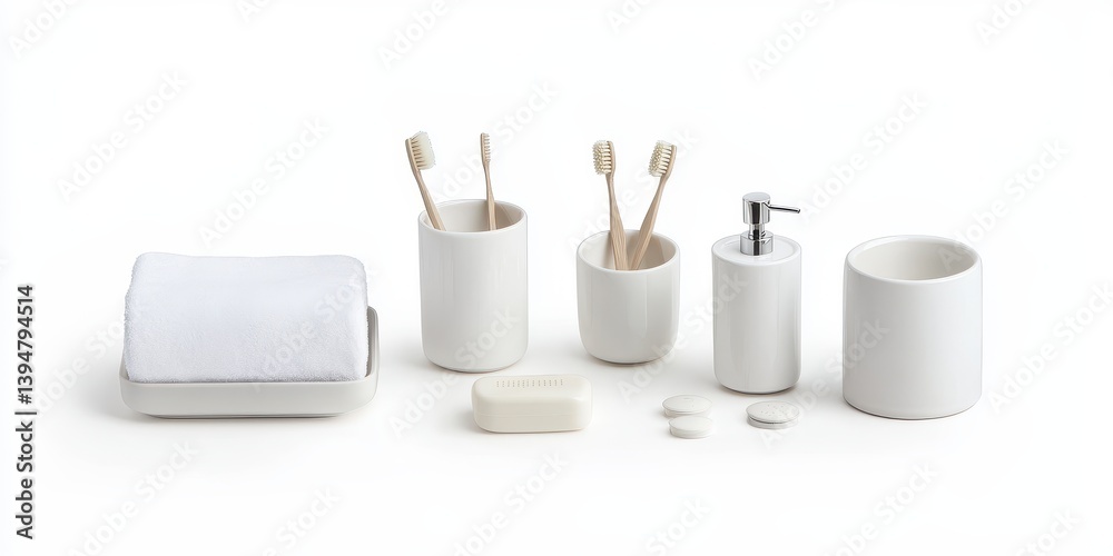 Naklejka premium White ceramic bathroom accessories set against a white background. Includes toothbrush holders, soap dish, and dispenser.