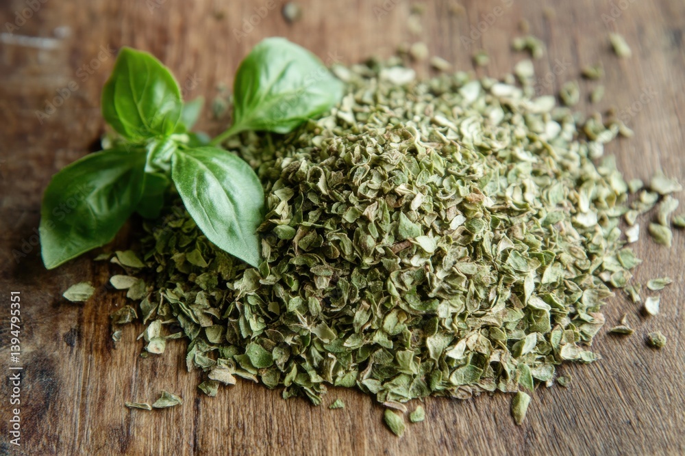 Dried oregano leaves and fresh basil on wooden surface showcasing culinary herbs for cooking Dried oregano leaves and fresh basil on wooden surface showcasing culinary herbs for cooking