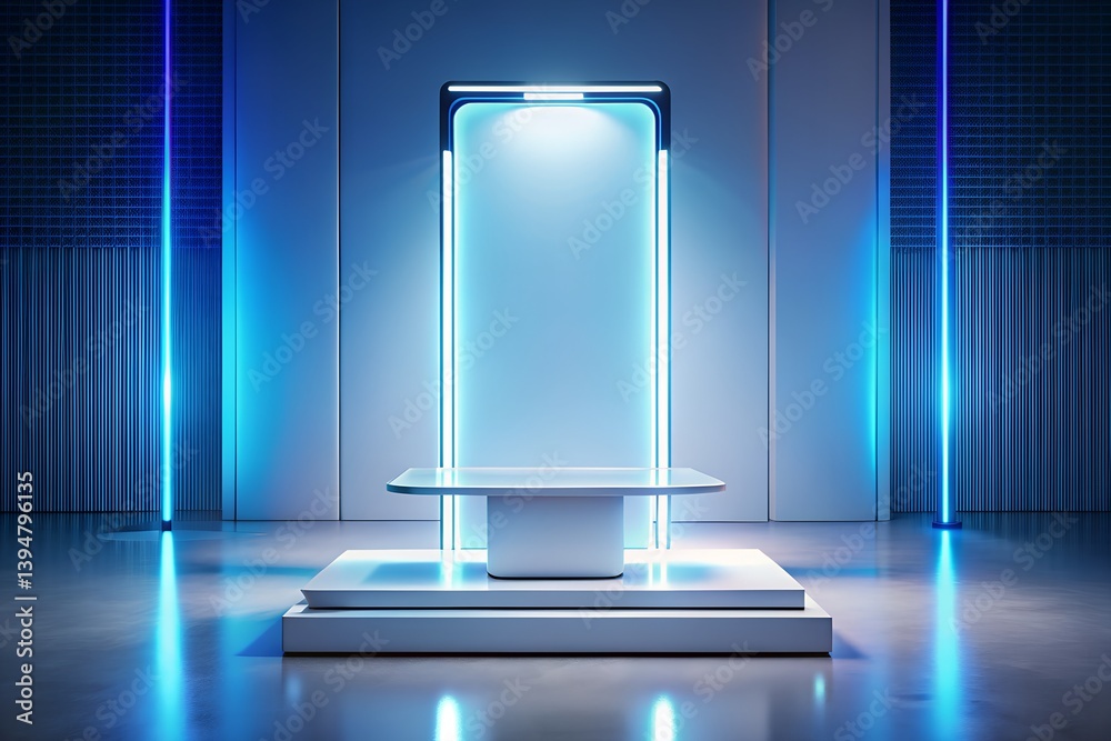 Minimalist Podium with Holographic Display and Blue Ambient Light