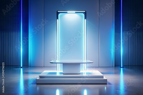 Minimalist  Podium with Holographic Display and Blue Ambient Light