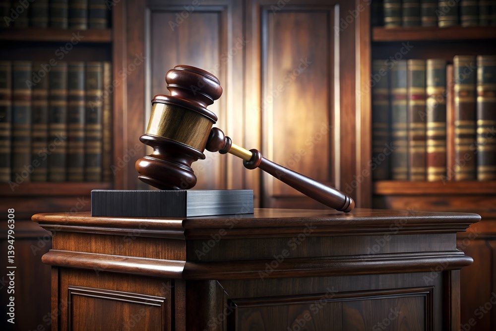Dark Mahogany Judicial Lectern with Gavel and Law Books in Dramatic Lighting