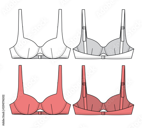 Plunge bra front and back view flat sketch vector mockup template technical illustration.