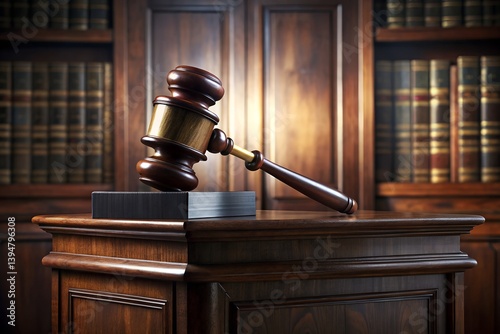 Dark Mahogany Judicial Lectern with Gavel and Law Books in Dramatic Lighting
