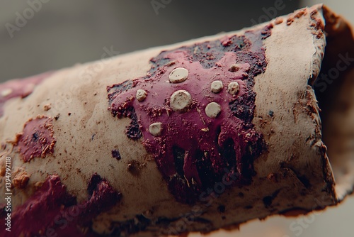 Close up photograph of damaged and discolored rolled material