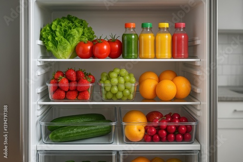 Wallpaper Mural Refrigerator Abundant with Fresh Produce, Colorful Juices, and Healthy Food Choices, Displaying Organization and a Focus on Well-being. Torontodigital.ca