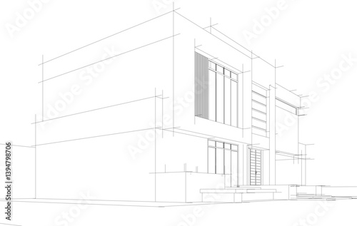 Modern Architectural Wireframe Sketch – Vector Blueprint of Contemporary Buildings