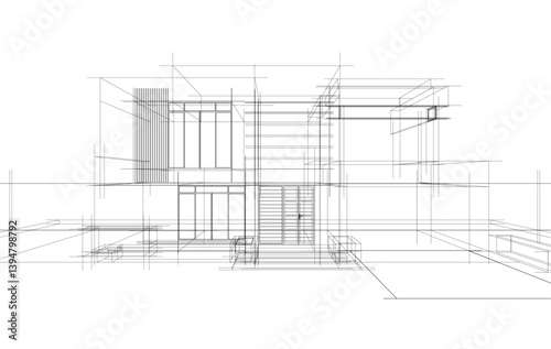 Fototapeta Naklejka Na Ścianę i Meble -  Modern Architectural Wireframe Sketch – Vector Blueprint of Contemporary Buildings