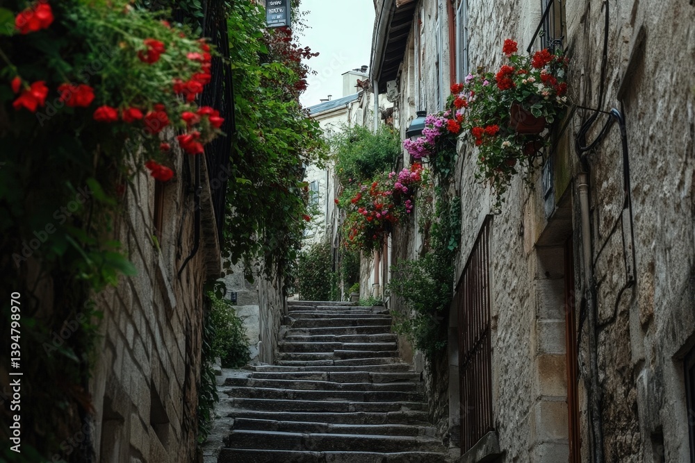 Naklejka premium Charming street in Montmartre with old stone buildings and hanging flowers