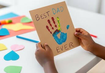 Child holding handmade card with colorful handprint and "best dad ever" message