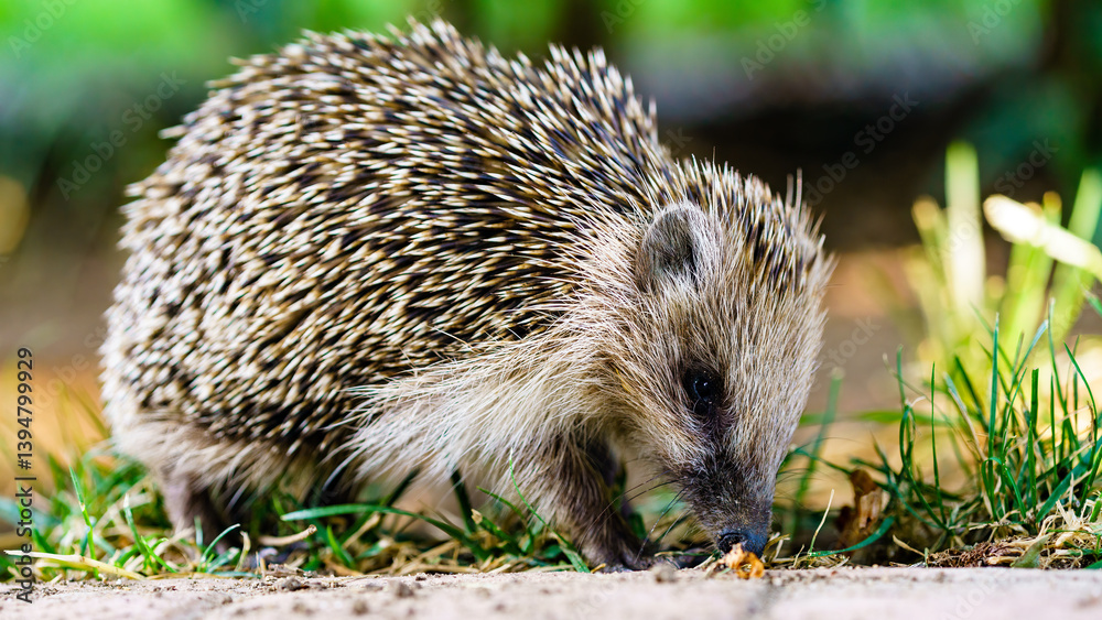 Fototapeta premium A beautiful photo of a lovely young hedgehog. A spiny mammal of the subfamily Erinaceinae, in the eulipotyphlan family Erinaceidae. Northern Greece.
