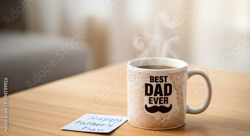 Best Dad Ever coffee mug with steam and Father's Day note on wooden table