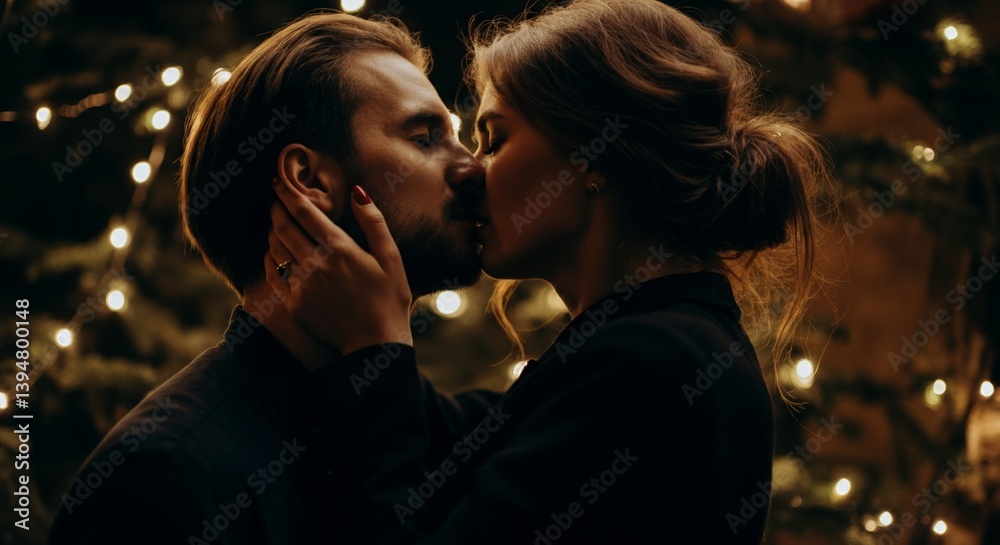 Romantic couple kissing under twinkling holiday lights in winter setting