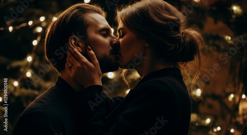 Obraz na płótnie Romantic couple kissing under twinkling holiday lights in winter setting w salonie