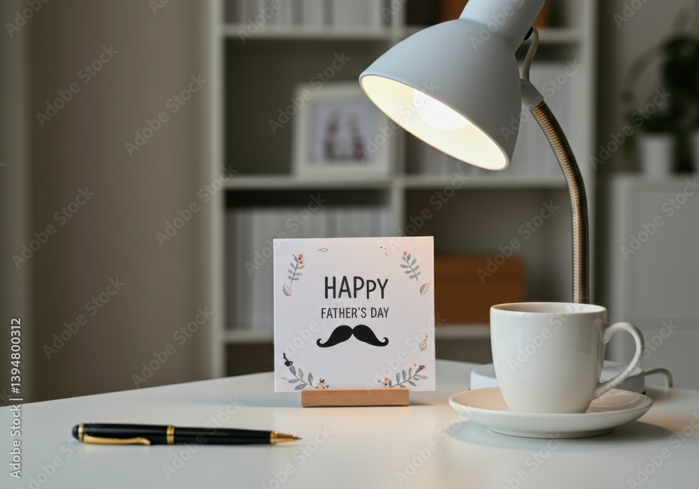 Father's day greeting card on desk with lamp, cup, and pen in cozy office space