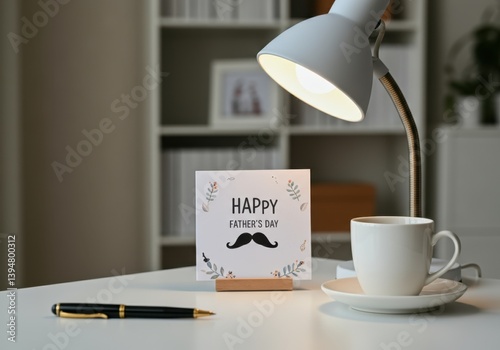 Father's day greeting card on desk with lamp, cup, and pen in cozy office space
