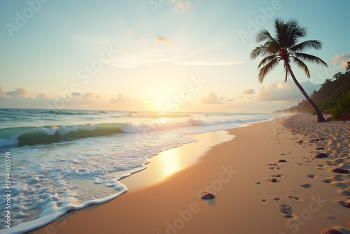 A Breathtaking Dawn at a Tropical Beach, Gentle Waves Embrace the Sandy Shore, Illuminated by the Golden Light of the Rising Sun, casting a warm glow across the Horizon
