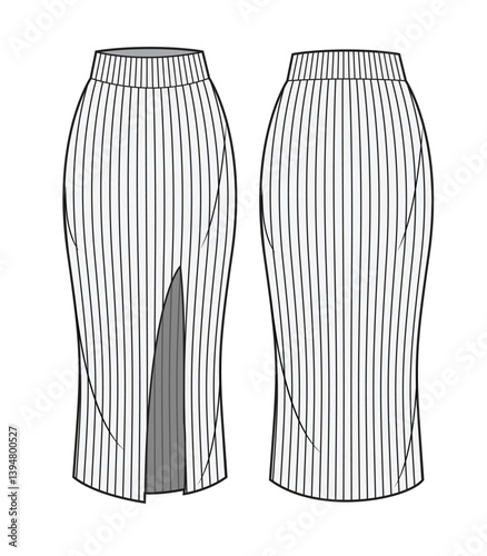 Knitted pencil skirts front and back view design technical flat sketch vector mockup template.