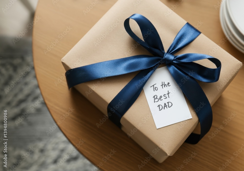 Gift box with blue ribbon and To the best dad tag on wooden table